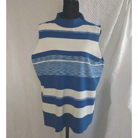 New Nine West Size XL Pullover Sleeveless Blue White Mock Turtle Neck Top - Picture 2 of 12